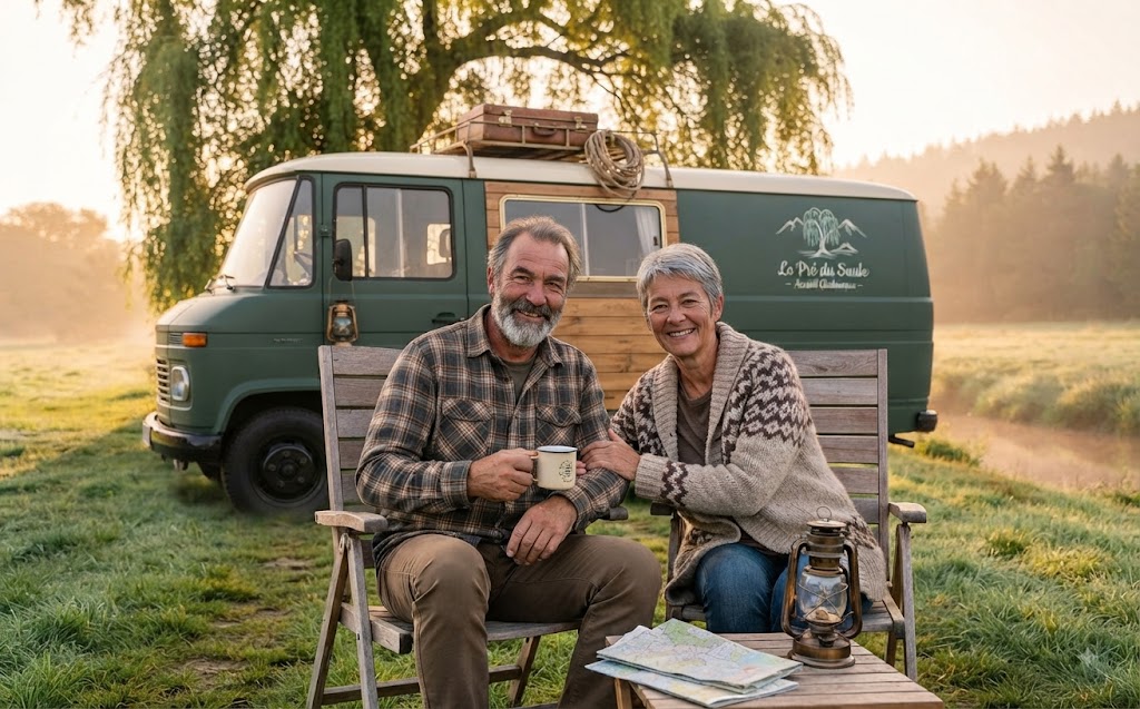 Christian et Anne devant leur van, au petit matin