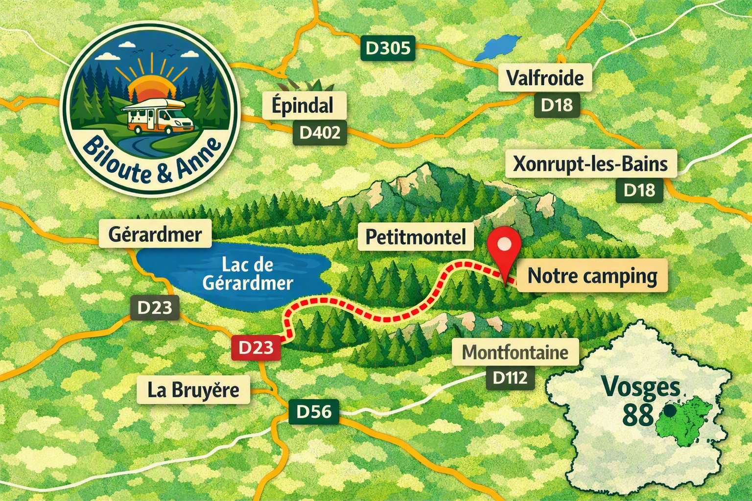 Carte d'accès à l'aire, depuis la D23 par Petitmontel