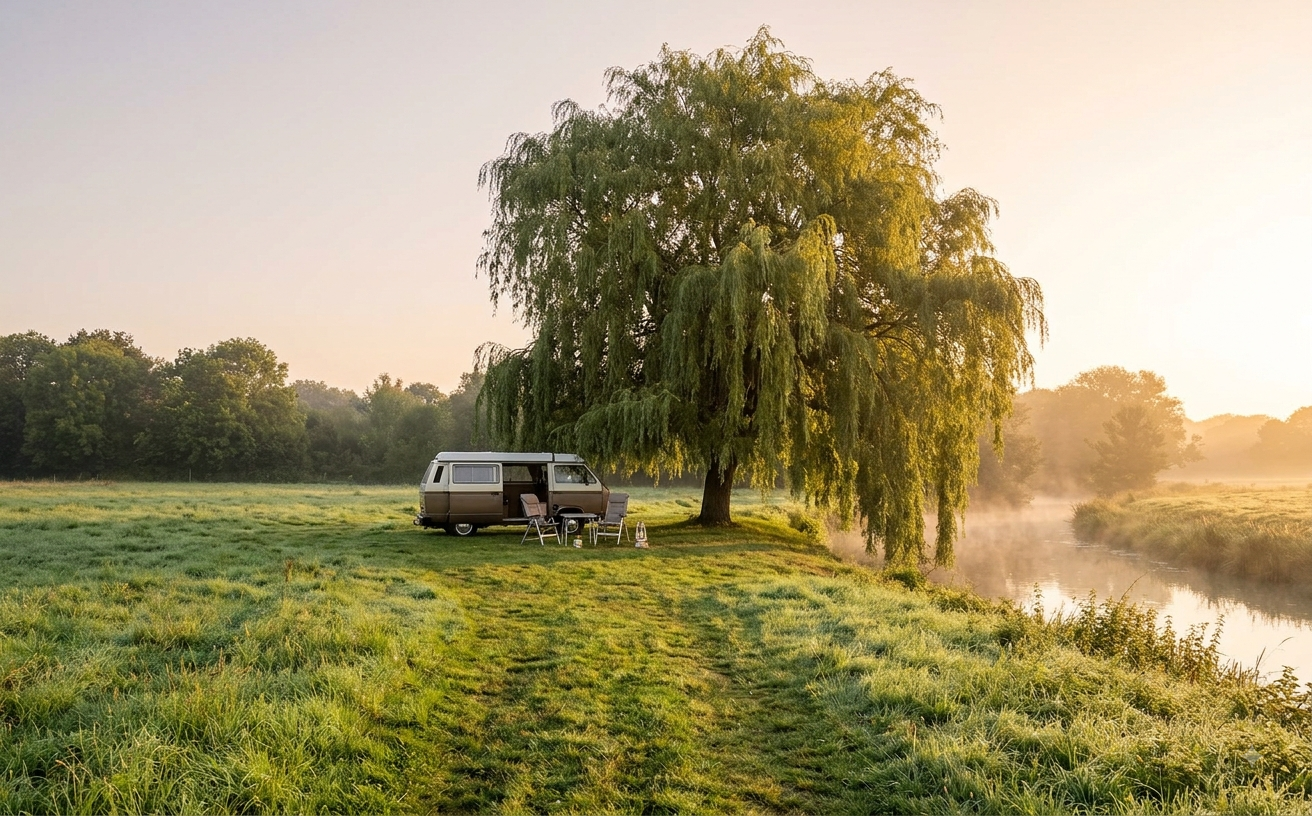 Le pré au bord de la rivière dans la brume du matin